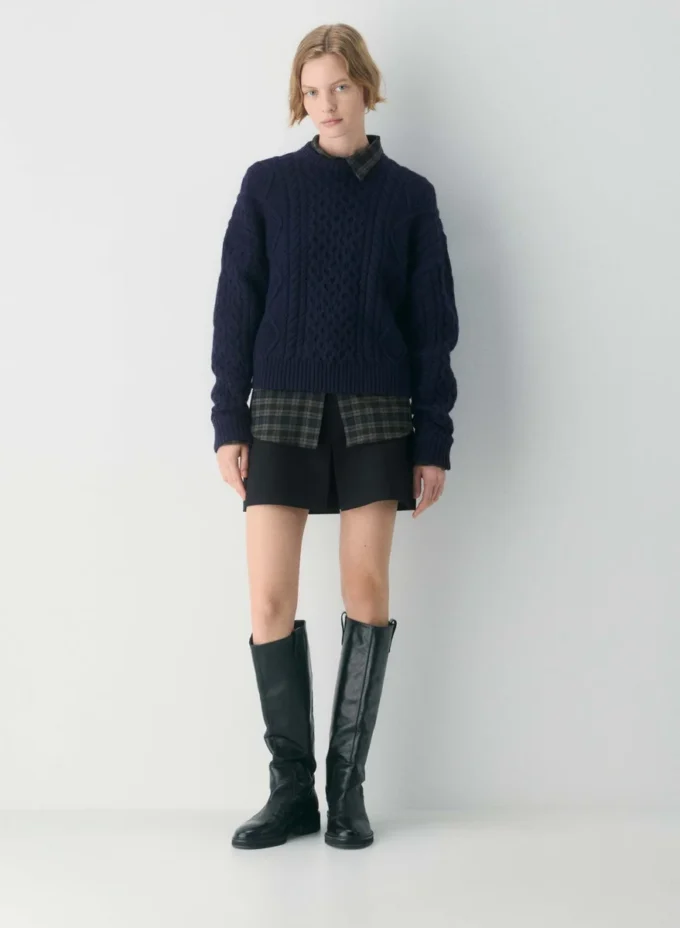 Heritage Knit Merinowolle-Pullover mit Rundhalsausschnitt und hoher Hüftlänge