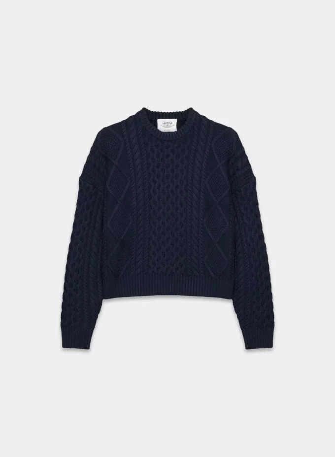 Heritage Knit Merinowolle-Pullover mit Rundhalsausschnitt und hoher Hüftlänge