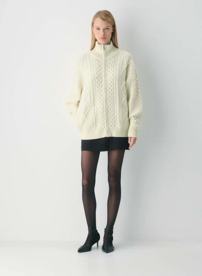 Heritage Knit Merinowolle Rollkragenpullover mit Reißverschluss