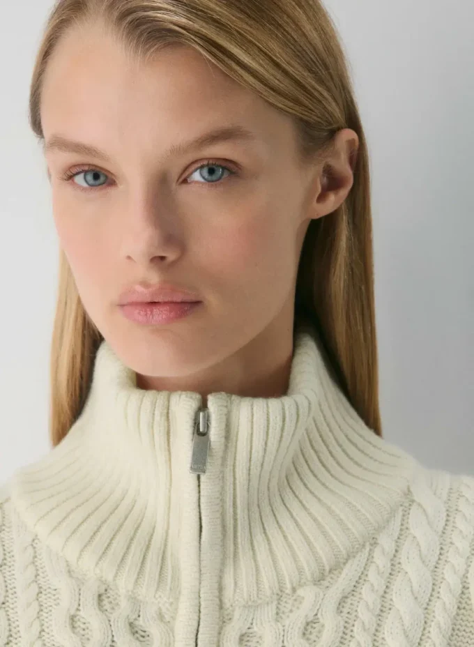 Heritage Knit Merinowolle Rollkragenpullover mit Reißverschluss