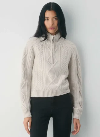 Traditioneller Merinowolle-Pullover mit 1/4-Reißverschluss und hoher Hüfte