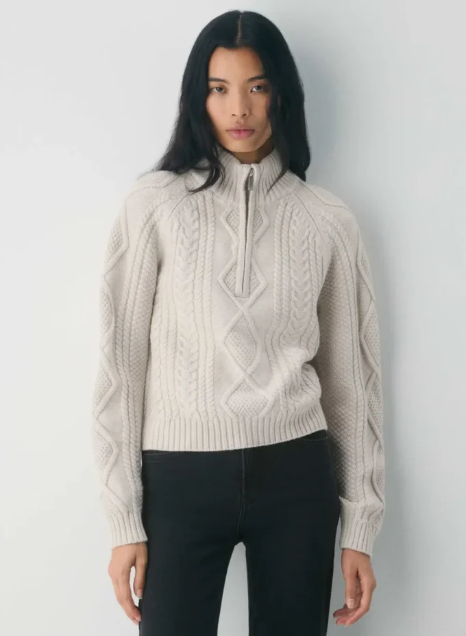 Traditioneller Merinowolle-Pullover mit 1/4-Reißverschluss und hoher Hüfte