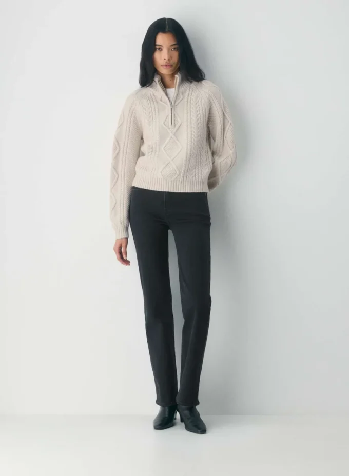 Traditioneller Merinowolle-Pullover mit 1/4-Reißverschluss und hoher Hüfte