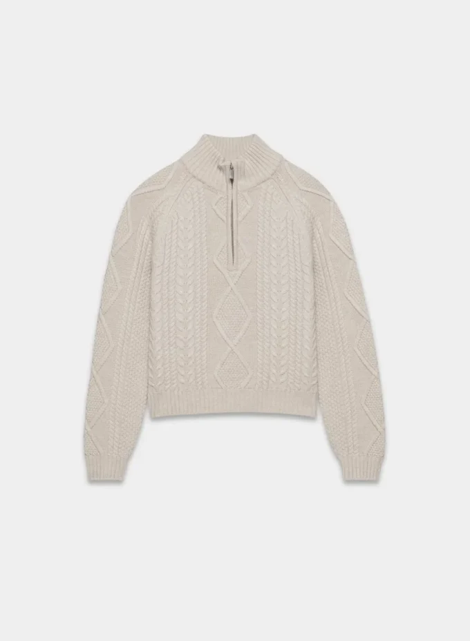 Traditioneller Merinowolle-Pullover mit 1/4-Reißverschluss und hoher Hüfte